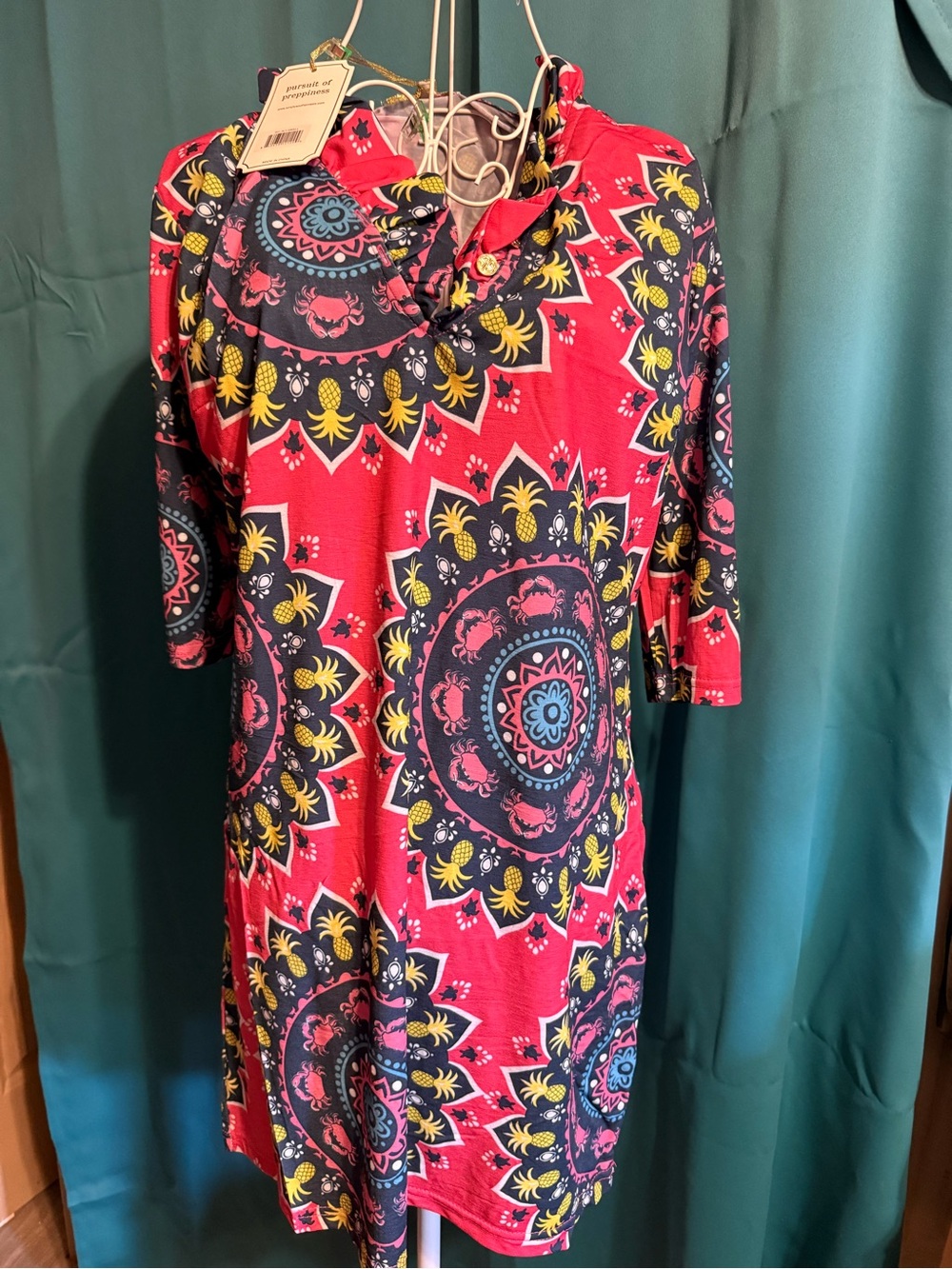 Simply Southern Red Medallion Print Midi Dress with Navy and Yellow Accents